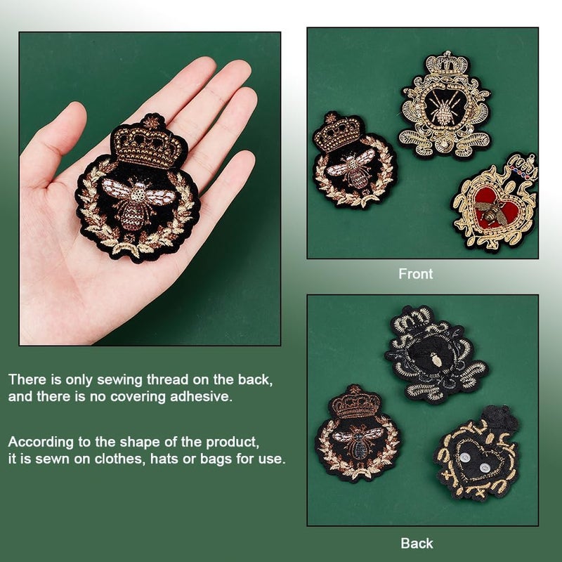 AHANDMAKER 6pcs Crown Bee Badge Embroidered Applique Patch, 3 Style Embroidered Badge Patch Sew On Patches DIY Decorative Applique Patches for Dress Jeans Jackets Handbag Clothing - Image 4